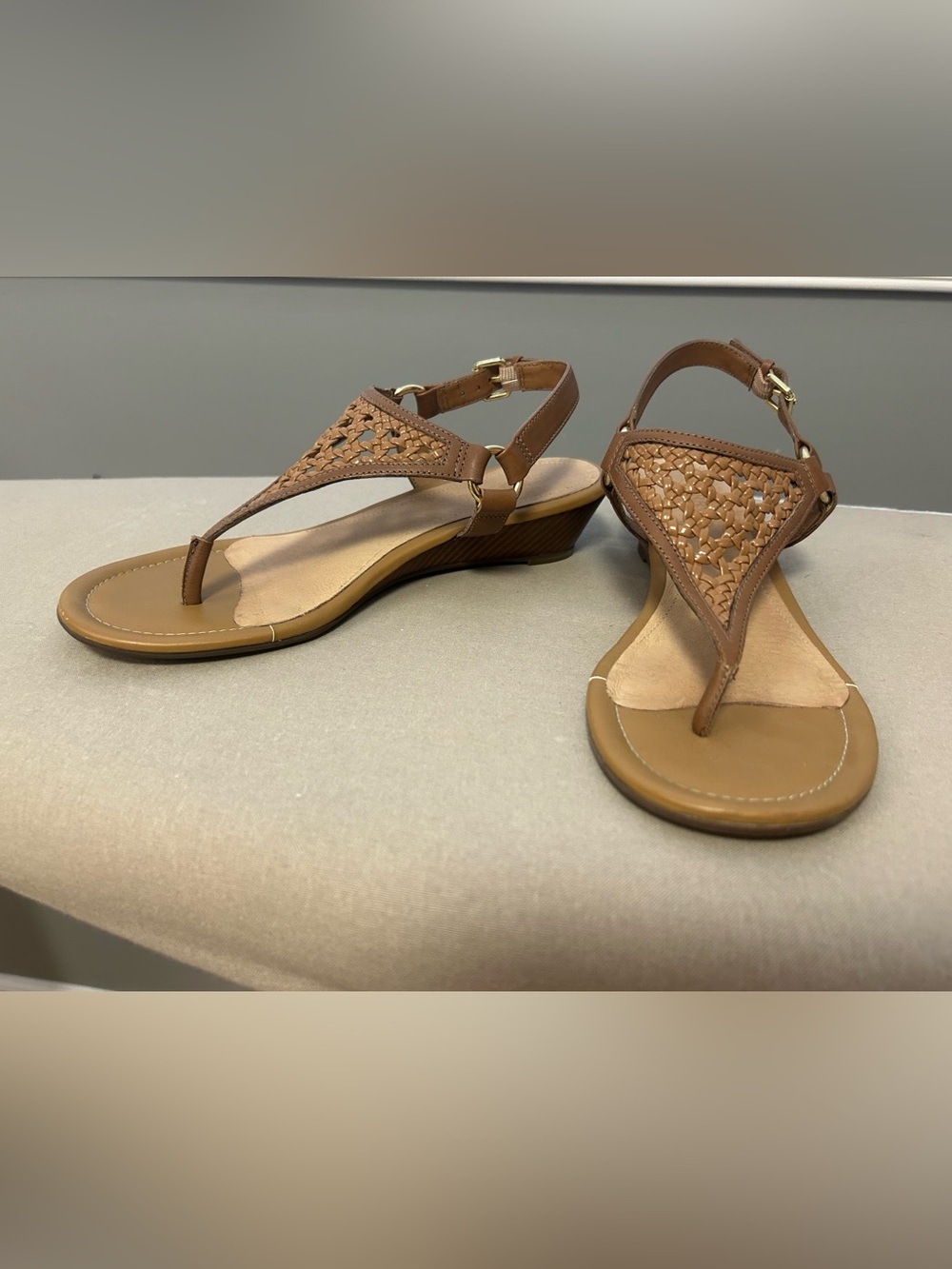 Sperry Woven T-Strap Wedge Sandals - Brown